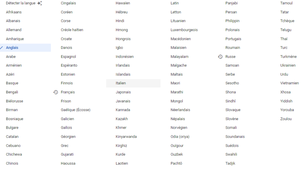 Liste des langues