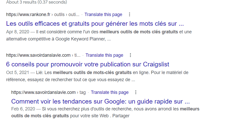 montrer les mots clés de correspondance exacte