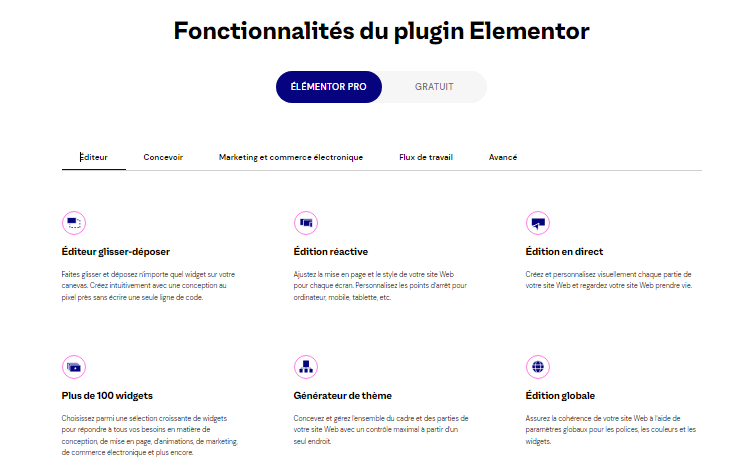 Fonctionnalites du plugin Elementor version pro