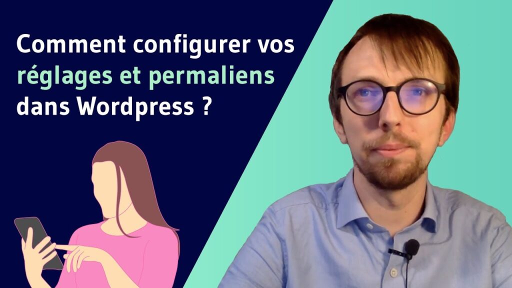 Homme avec lunettes expliquant la configuration WordPress, illustration femme à gauche