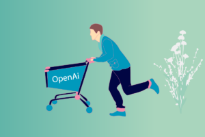 Homme poussant un chariot contenant le logo OpenAI sur fond turquoise