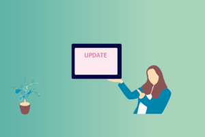 Femme pointant vers un écran d'ordinateur portable avec notification UPDATE sur fond turquoise