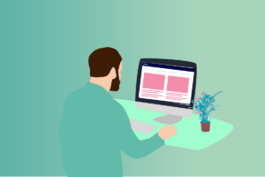 Homme travaillant sur ordinateur portable avec plante bureau design