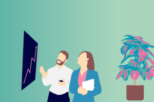 Deux professionnels discutent devant un tableau et une plante colorée