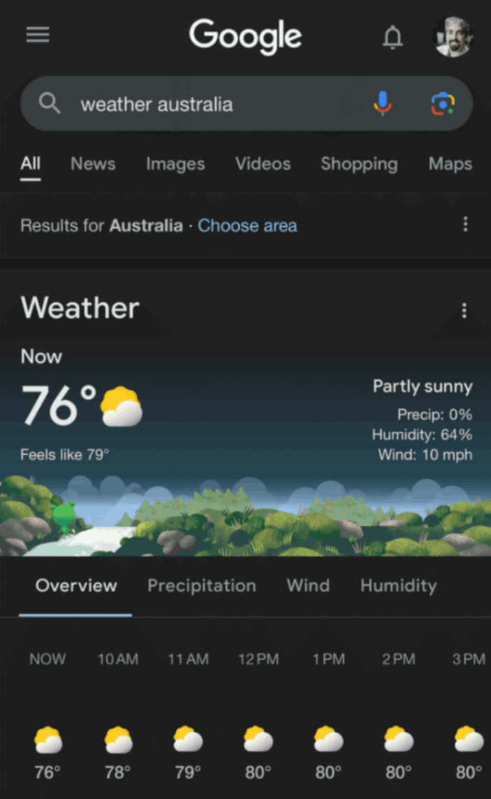 Capture d'écran Google Météo Australie, conditions actuelles et prévisions horaires