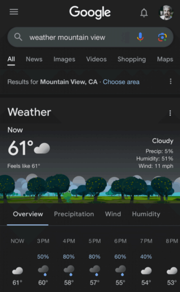 Capture d'écran de la météo Google pour Mountain View avec prévisions horaires