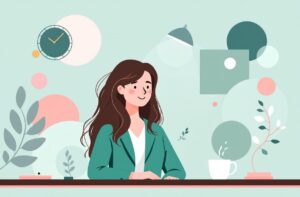 Femme en blazer vert entourée d'éléments graphiques de productivité