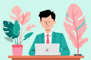 Homme au bureau avec ordinateur portable et plantes décoratives