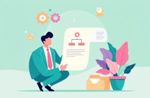 Homme consultant document avec icônes et plante colorée