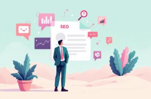 Homme d'affaires entouré d'icônes marketing numérique et analytics