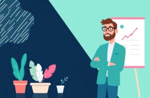 Homme d'affaires présentant graphique croissance avec plantes décoratives