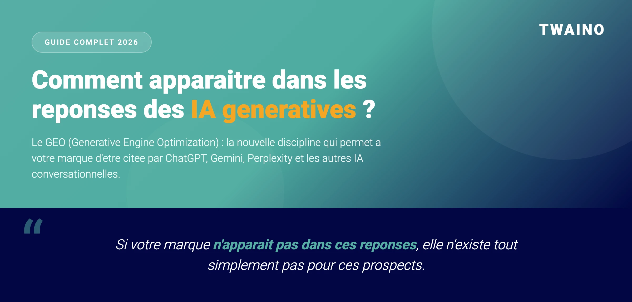 Infographie GEO Twaino - Header et citation cle sur la visibilite IA