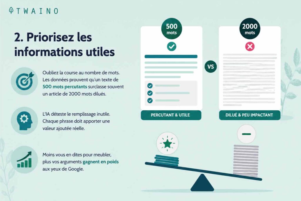 Priorize a densidade da informação útil