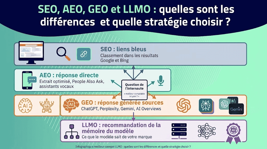 SEO, AEO, GEO et LLMO différence