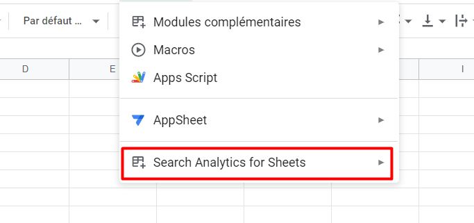 Extension et le nom d outil choisir Search Analytics for Sheets