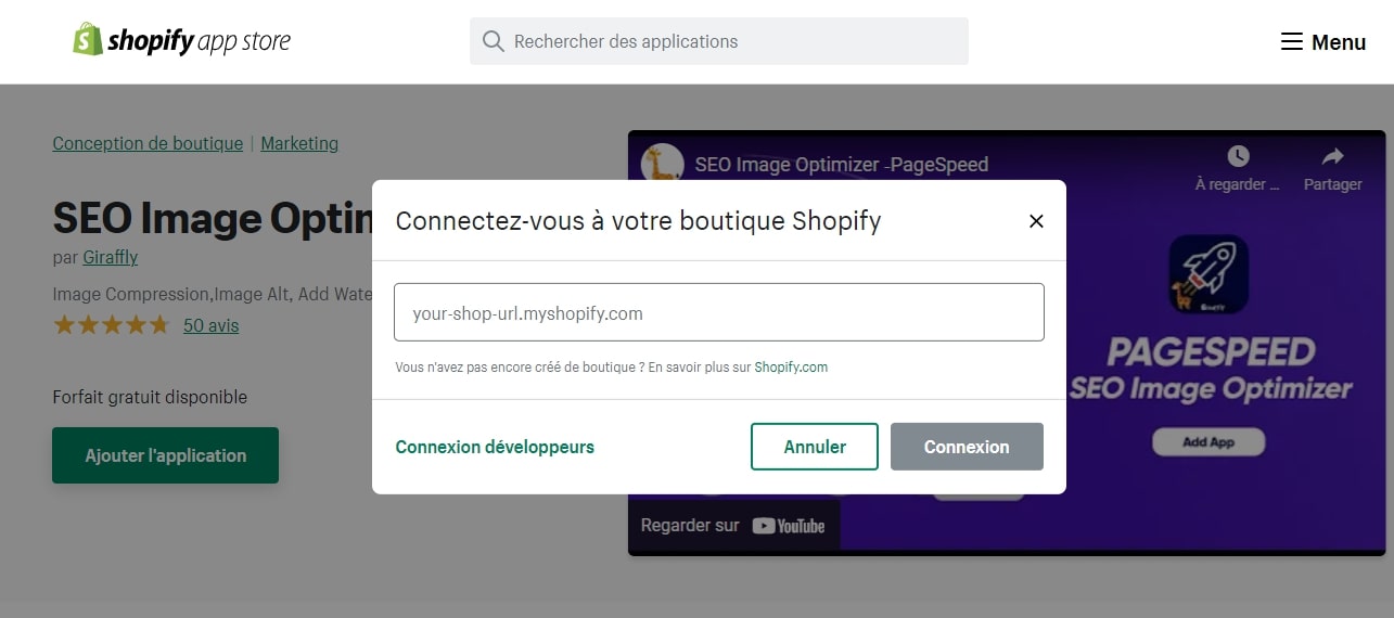 Bouton de connecter boutique Shopify
