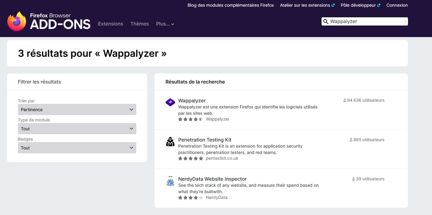 Navigateur Firefox Wappalyzer