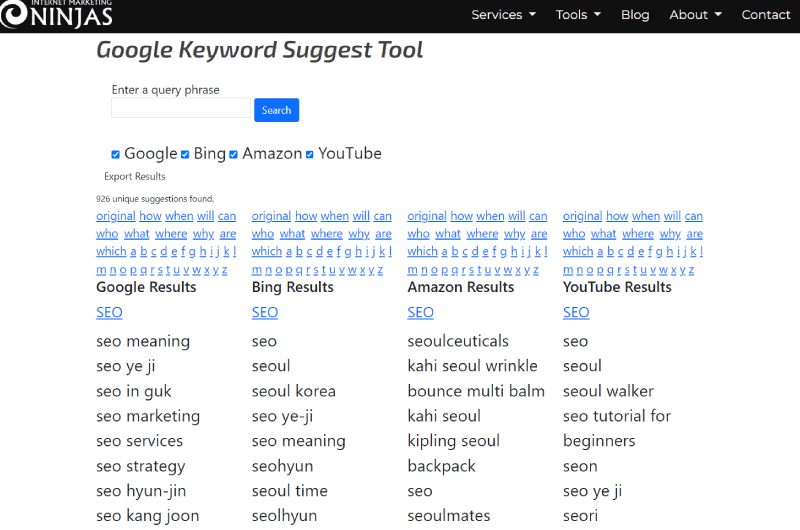 Suggestion de mot-clé Google, Bing, Amazon, YouTube