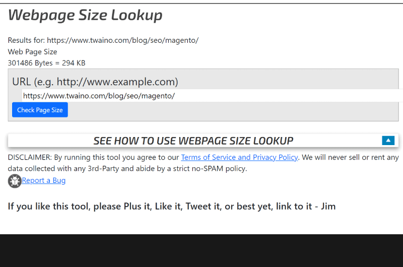 Webpage Size Lookup