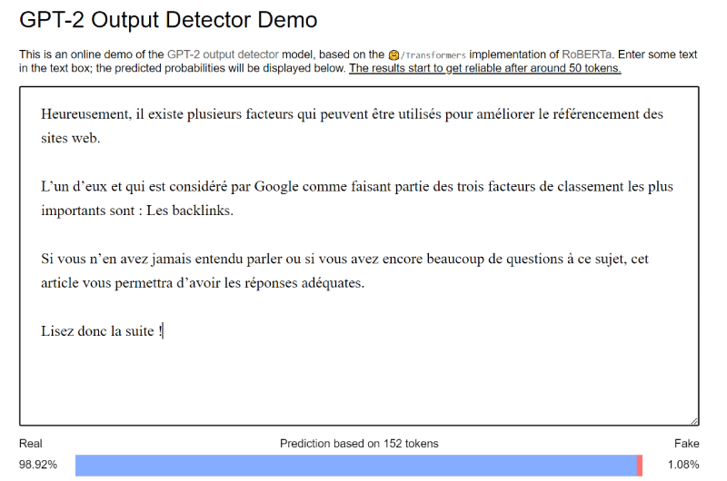 Detector de texto gerado GPT2 AI 
