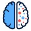 Cerveau stylisé divisé en deux hémisphères bleu et blanc avec points colorés