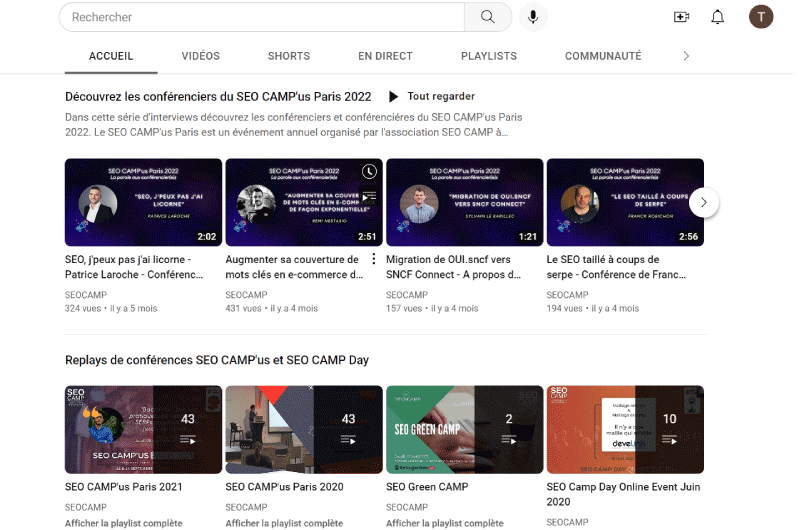 Canales YouTube | l’association SEO CAMP
