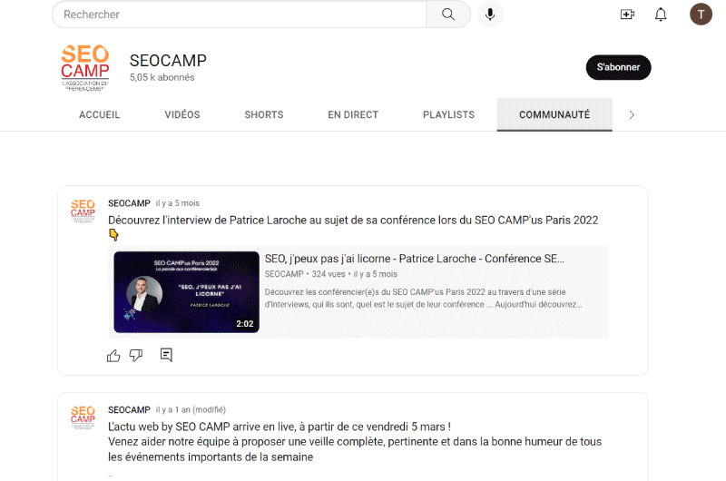 Chaîne YouTube | l’association SEO CAMP