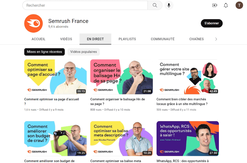 Canal de YouTube | SemRush Francia
