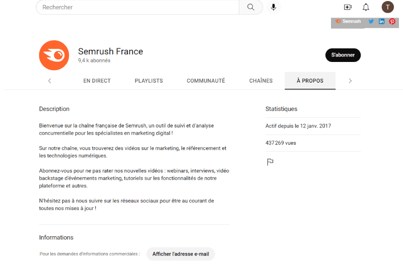 Canal de YouTube | SemRush Francia